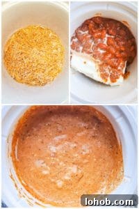 Crockpot Chili Cheese Dip prep steps Three step by step prep images for recipe.