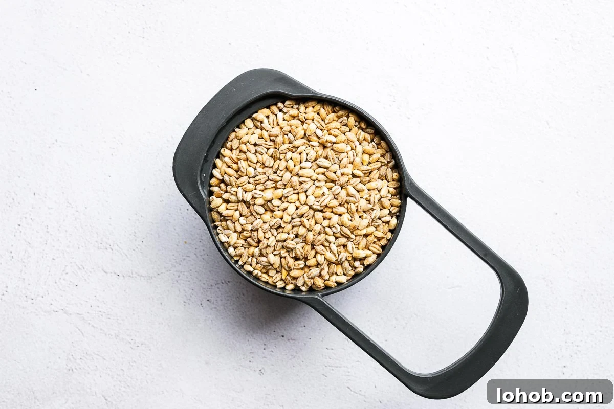 Barley: Instant Pot and Stovetop Cooking Guide 3 A cup of uncooked pearl barley on a light concrete background viewed from above.