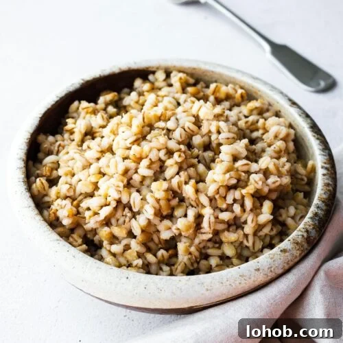 Barley: Instant Pot and Stovetop Cooking Guide 7 Cooked barley in a ceramic bowl on a concrete surface with a fork in the background.