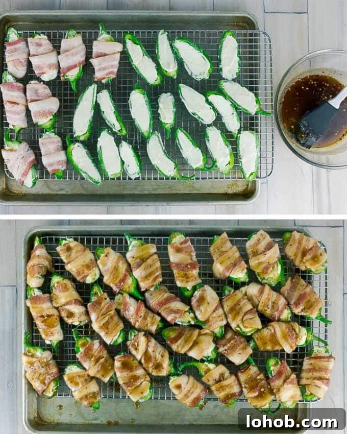 Bourbon-Candied Bacon Jalapeño Poppers Wrapped in Bacon 4 two photos of the poppers being stuffed, wrapped, and glazed.