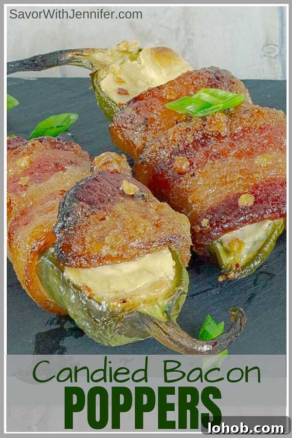 Bourbon-Candied Bacon Jalapeño Poppers Wrapped in Bacon 6 Pinterest pin image of Bourbon Candied Bacon Wrapped Jalapeno Poppers