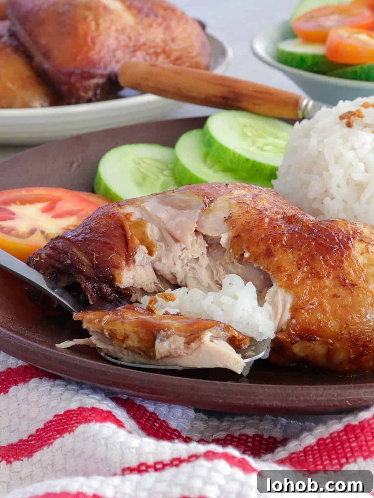 Crispy Soy-Glazed Chicken Recipe for Crunchy, Savory Skin 5 eating crispy soy chicken with rice on a brown plate.