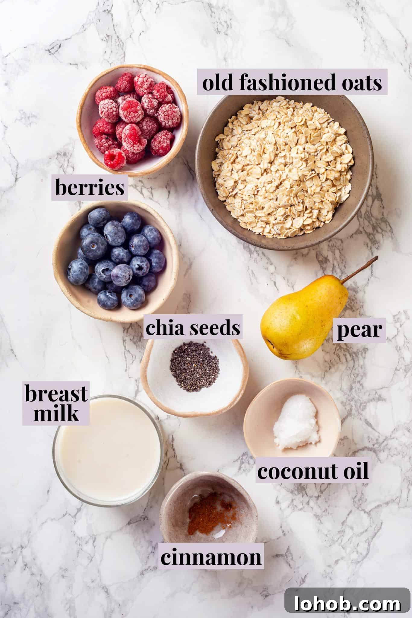 Homemade baby oatmeal is a great beginning food for infants transitioning to solid foods. Nutrient-dense, easy to digest, and simple to make! Overhead view of ingredients for baby oatmeal with labels