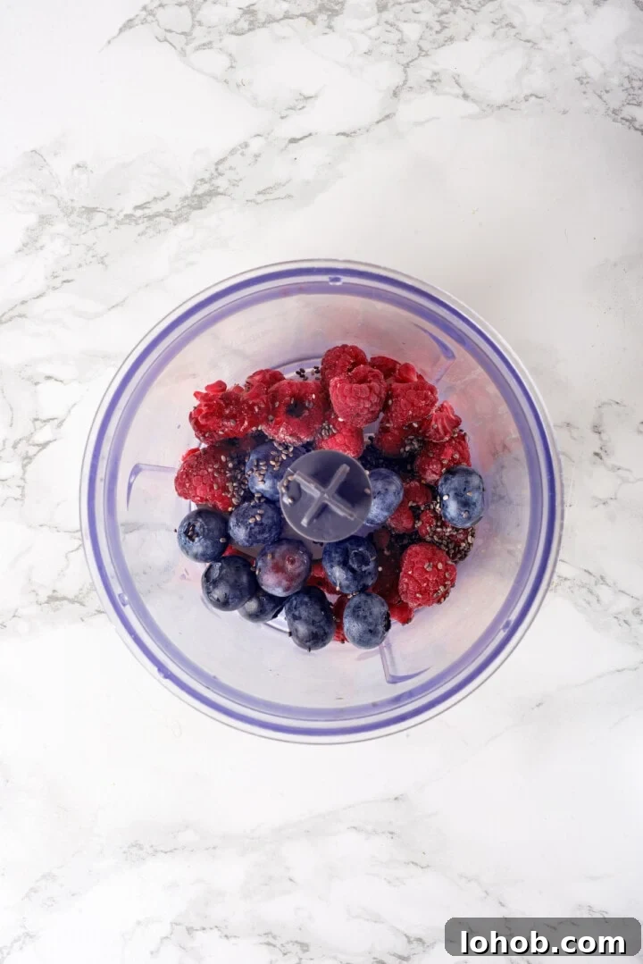 Homemade baby oatmeal is a great beginning food for infants transitioning to solid foods. Nutrient-dense, easy to digest, and simple to make! Overhead view of berries and chia seeds in food processor