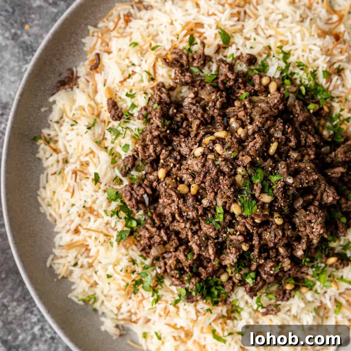 overhead: a plate of hashweh over vermicelli rice 