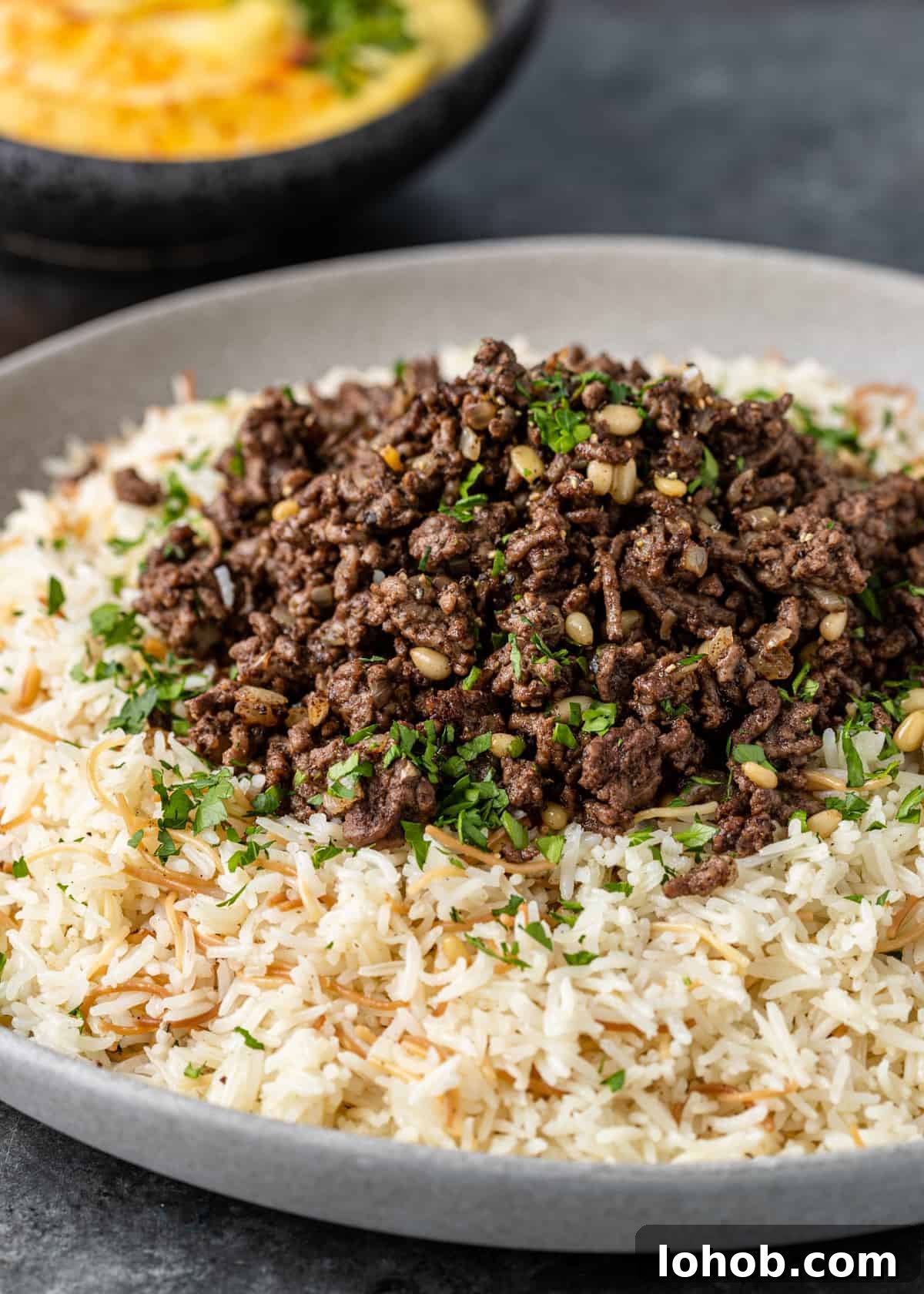 closeup: plate of hashweh and rice with vermicelli