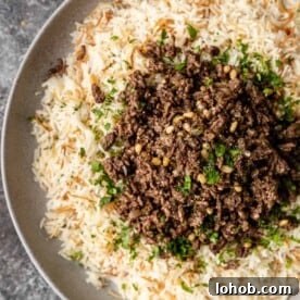 vermicelli rice on plate with minced lamb on top