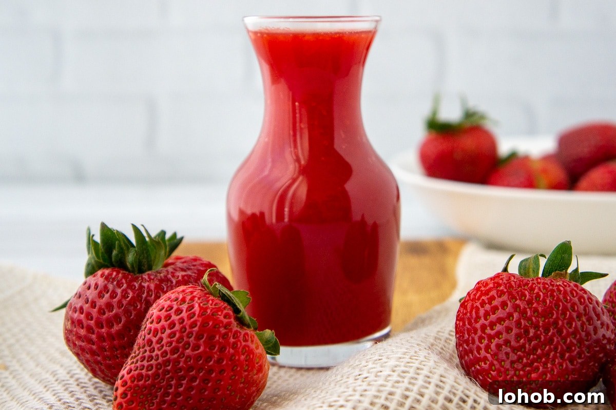 Homemade Strawberry Syrup: Simple Recipe for Fresh Fruit Topping 2 a glass carafe of strawberry syrup and fresh berries on a wooden surface.