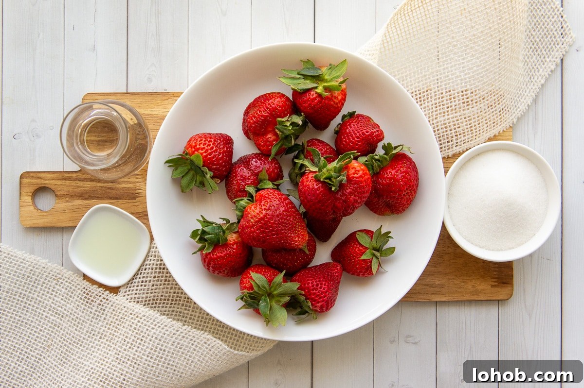 Homemade Strawberry Syrup: Simple Recipe for Fresh Fruit Topping 3 ingredients to make strawberry syrup including berries, sugar, lemon juice, and water.