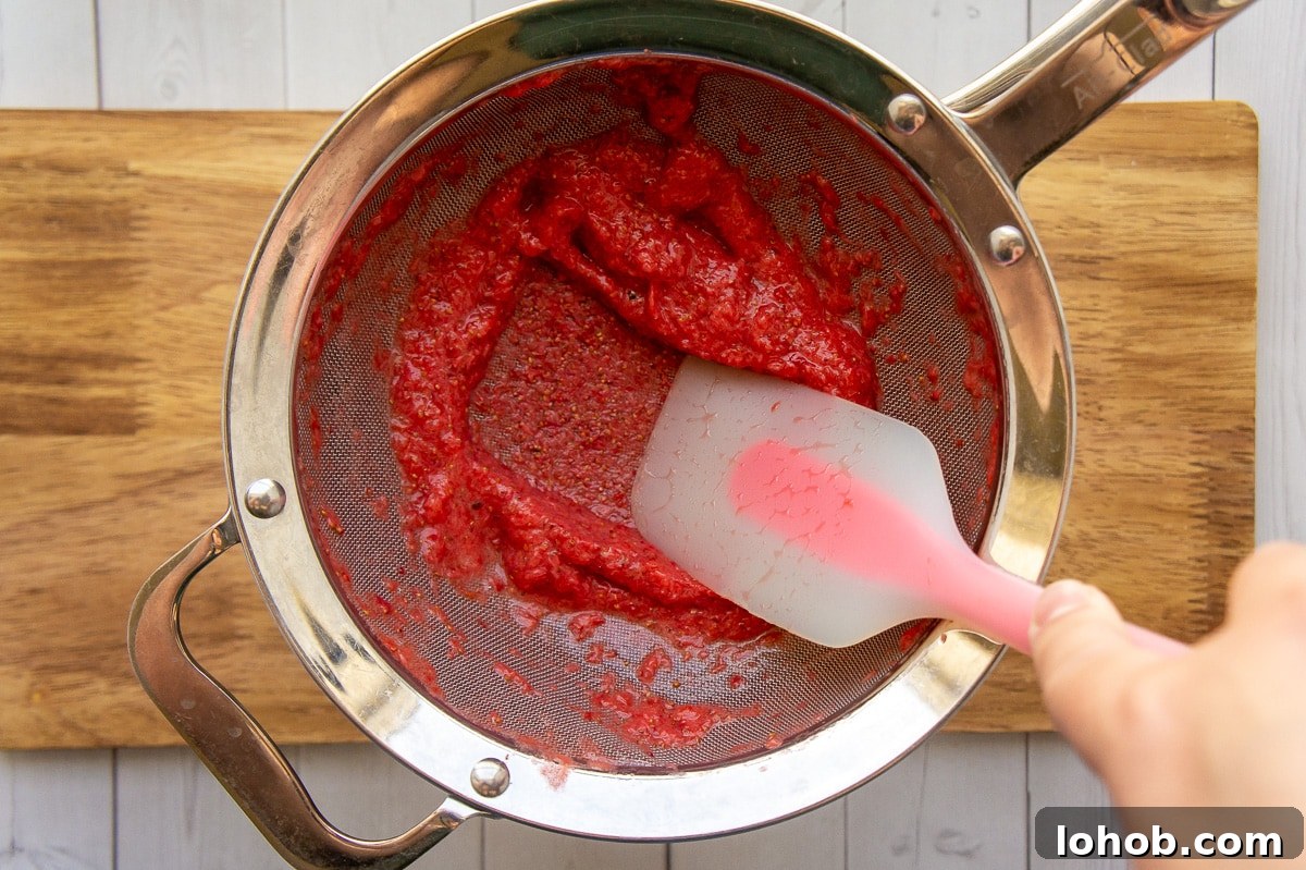 Homemade Strawberry Syrup: Simple Recipe for Fresh Fruit Topping 6 a spatula pressing strawberry pulp through a fine mesh sieve over a pot.