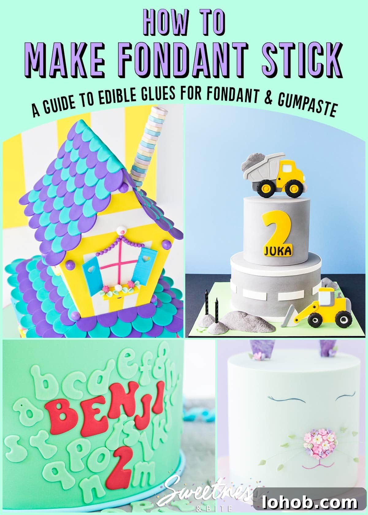How to Adhere Fondant to Fondant: Guide to Edible Glue 2 A collage of cake pictures with text overlay reading: How to make fondant stick to fondant - a guide to edible glues for fondant and gumpaste.
