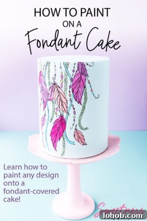 How to Adhere Fondant to Fondant: Guide to Edible Glue 11 A pale blue fondant-covered cake with a bright dreamcatcher design painted on the front. Text overlay reads: "How to Paint on a Fondant Cake".