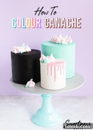 How to Adhere Fondant to Fondant: Guide to Edible Glue 12 Three ganache covered cakes, black, white and teal, on a cake stand with text overlay reading: "how to colour ganache".