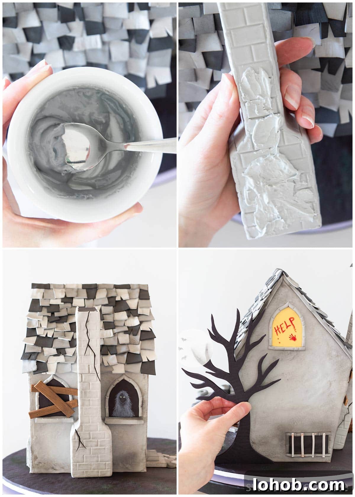 How to Adhere Fondant to Fondant: Guide to Edible Glue 6 A collage of images of a haunted house cake, showing how to use melted fondant to attach the chimney and a 2D tree silhouette to sides of the cake.