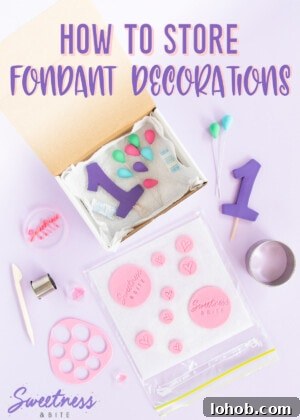How to Adhere Fondant to Fondant: Guide to Edible Glue 10 Fondant and gumpaste cake decorations in a box and in a resealable plastic bag - text overlay reads "how to store fondant decorations".