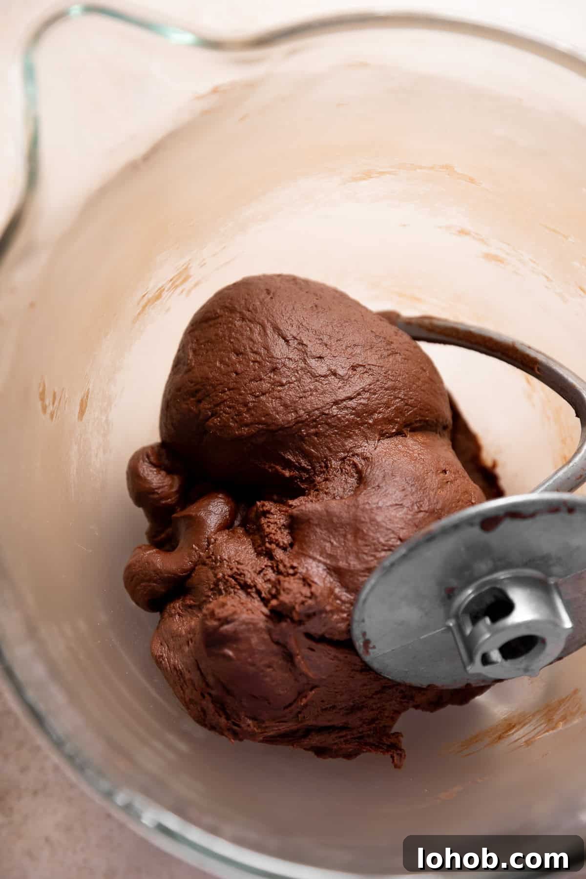 Kneaded chocolate yeast dough in a glass mixing bowl.