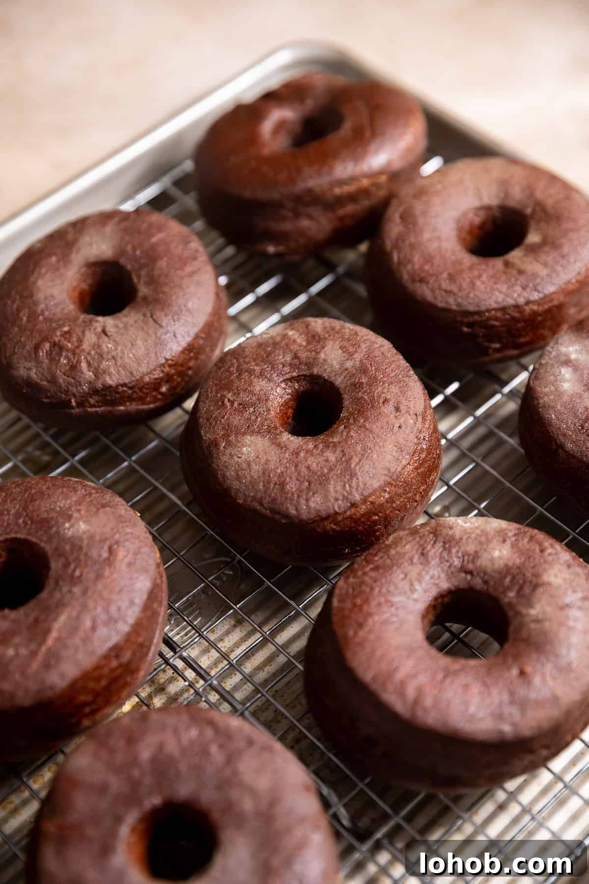 Fried chocolate donuts on a wire rack before frosting.
