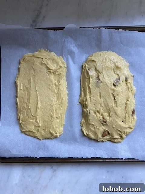 Two loaves of dough on a lined baking sheet.
