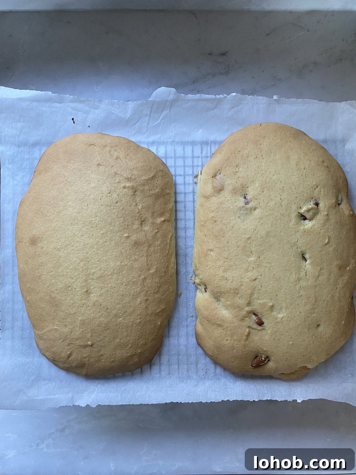 Two biscotti loaves on a lined wire rack.