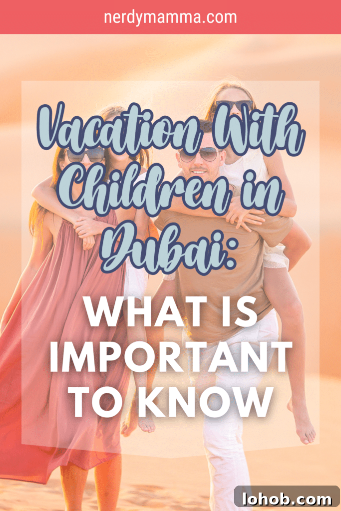 Family Vacation in Dubai: Essential Tips for Traveling with Kids 4 A happy family enjoying a vacation in Dubai, with parents giving their children a piggyback ride in a scenic desert setting at sunset.