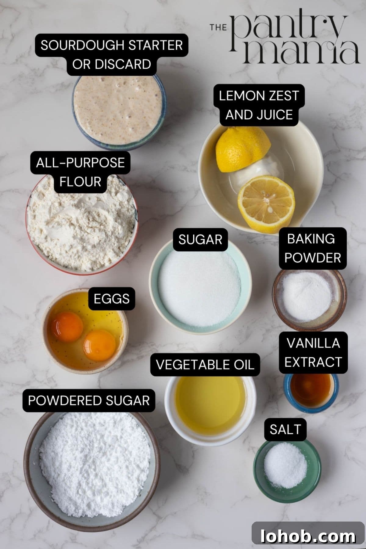 Quick Sourdough Lemon Muffins Recipe for Fresh Morning Bakes 4 Labeled ingredients on the counter to make sourdough lemon muffins.