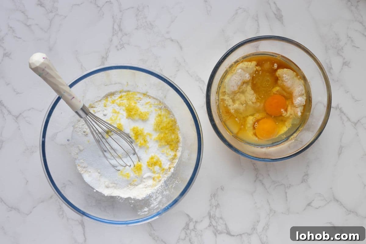 Quick Sourdough Lemon Muffins Recipe for Fresh Morning Bakes 5 Mixing wet ingredients and dry ingredients in separate bowls to make sourdough lemon muffins.