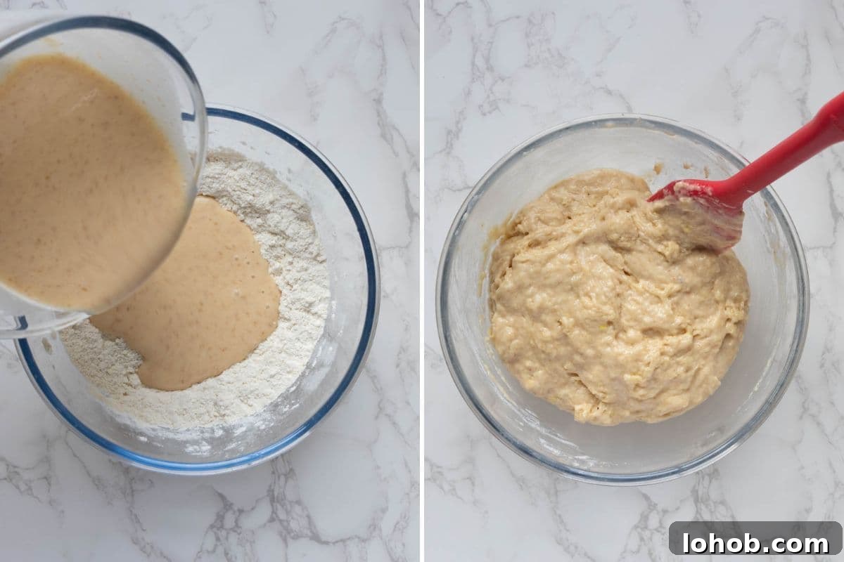 Quick Sourdough Lemon Muffins Recipe for Fresh Morning Bakes 6 Two images to show making the batter for sourdough lemon muffins including pouring sourdough starter mixture into flour and the finished batter mixed together in a glass bowl.
