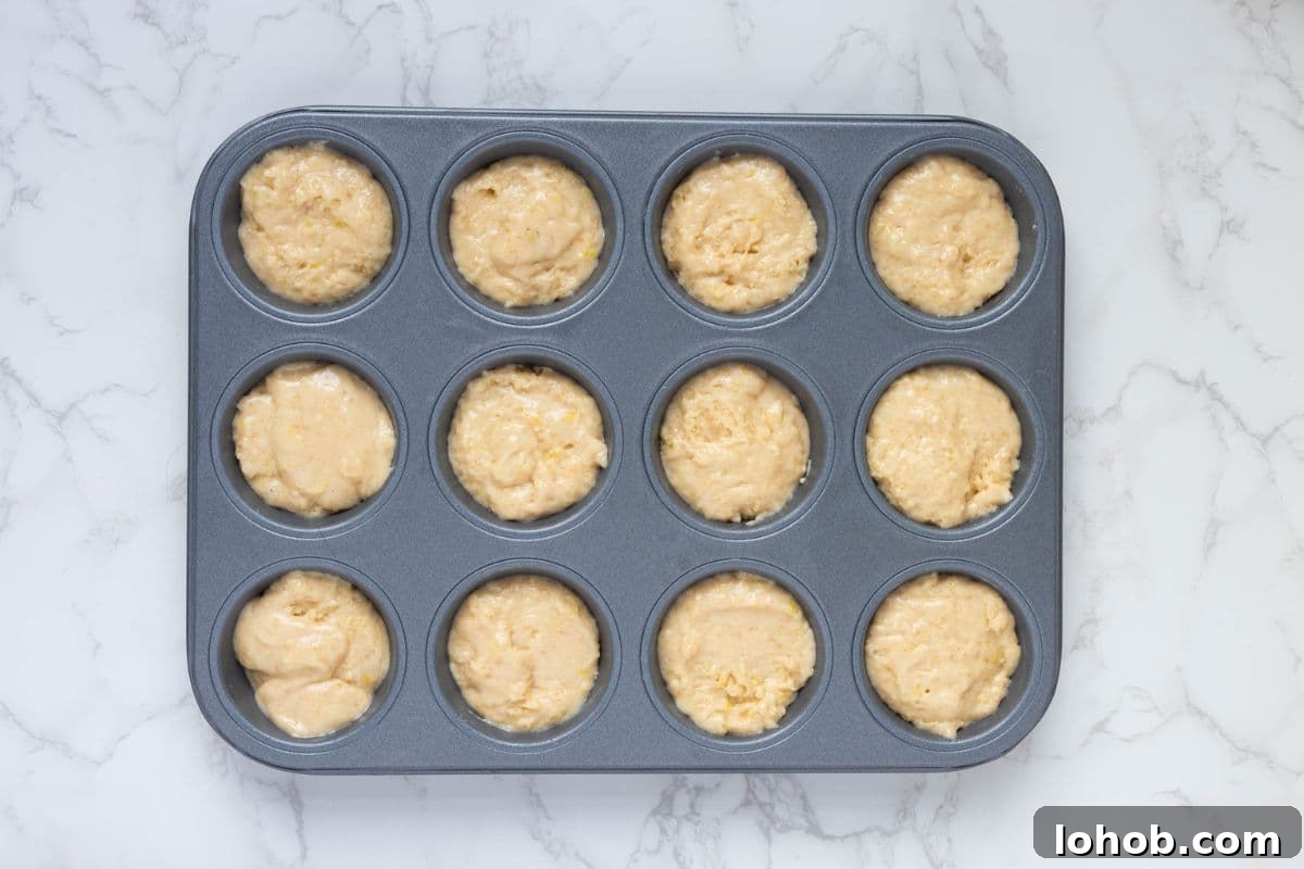 Quick Sourdough Lemon Muffins Recipe for Fresh Morning Bakes 7 Sourdough lemon muffin batter portioned into a greased muffin tin before baking.