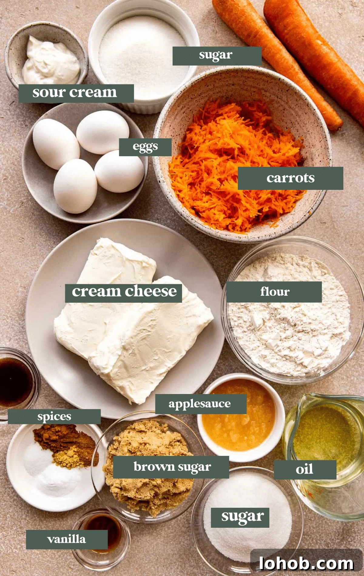 ingredients needed to make a carrot cake cheesecake in small glass bowls. 