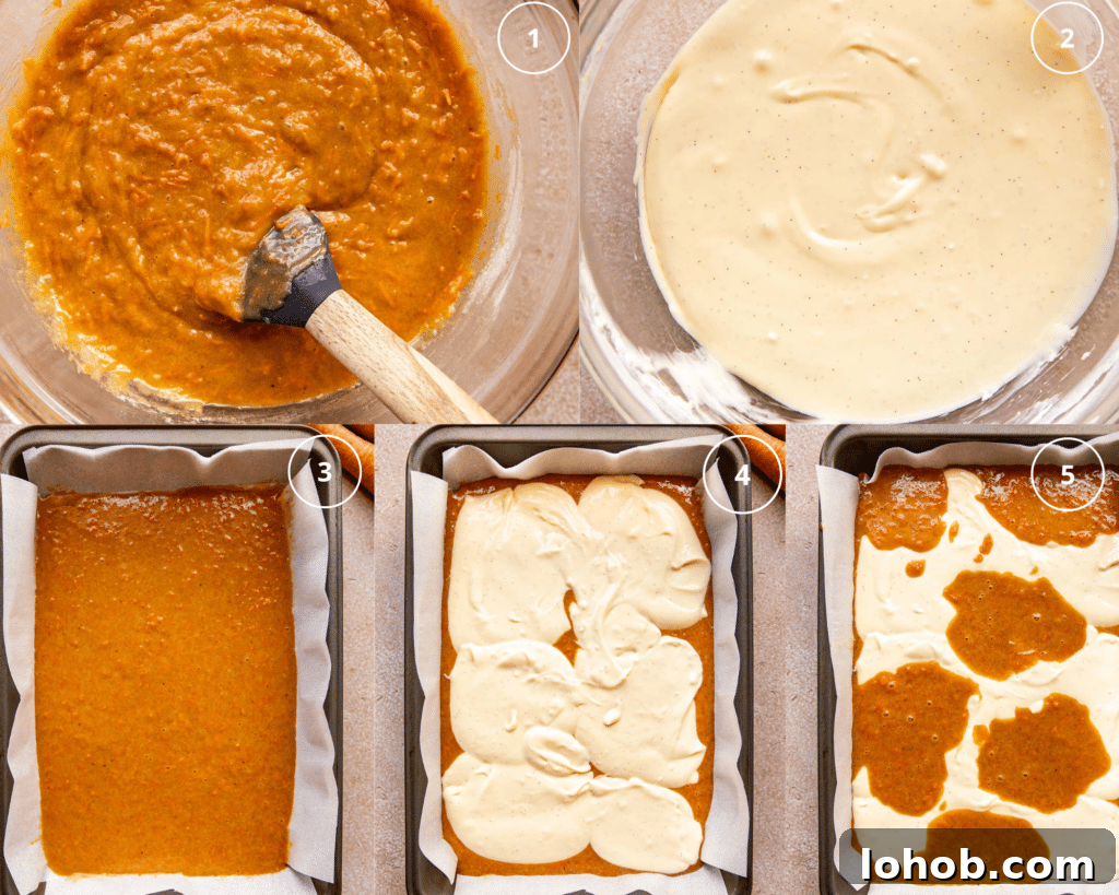 step by step photos layering carrot cake and cheesecake into a 9x13 pan.