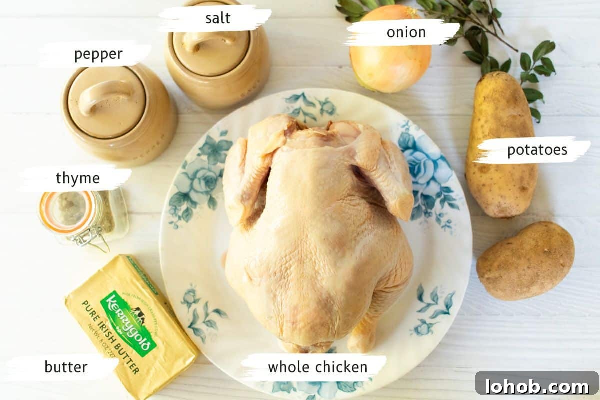 Ingredients needed for cast-iron roast chicken with red potatoes.