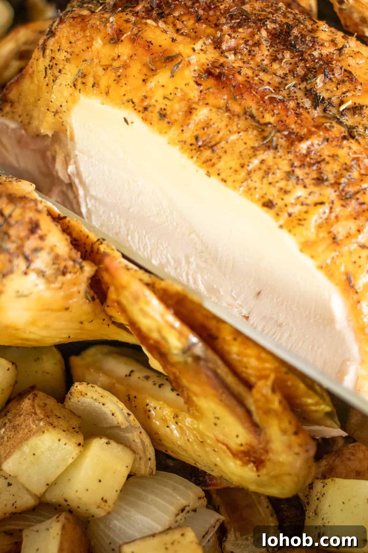 Roast chicken sliced, revealing succulent, moist chicken.