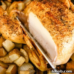 Slicing a roast chicken with a sharp knife.