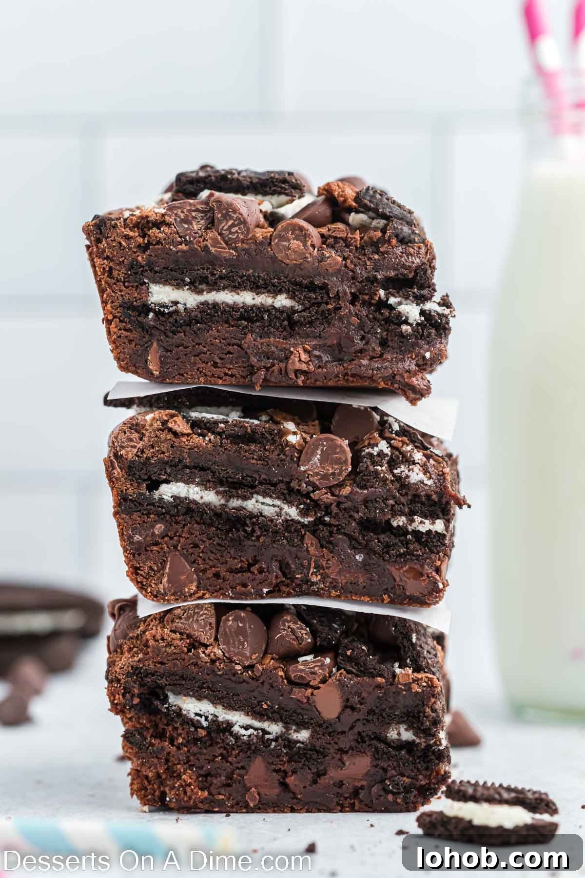 Fudgy Oreo Brownies Recipe with Creamy Cookie Filling 10 Oreo Brownies stacked together.