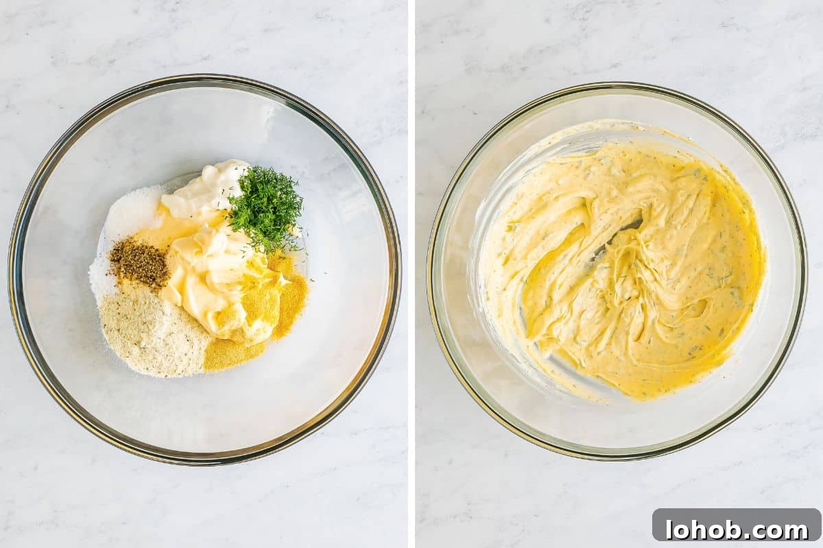 Two image collage of dressing before and stirring together.
