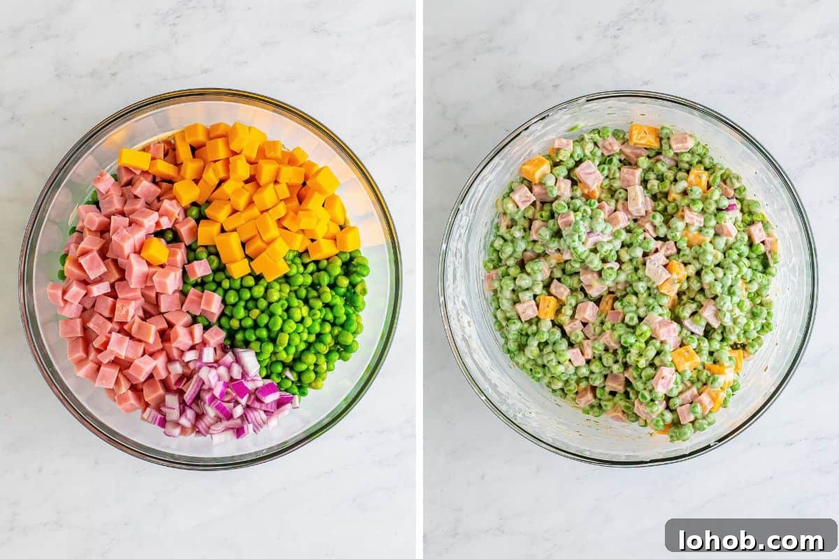 Two image collage of pea salad ingredients in a mixing bowl before and after stirring together and tossing with creamy dressing.