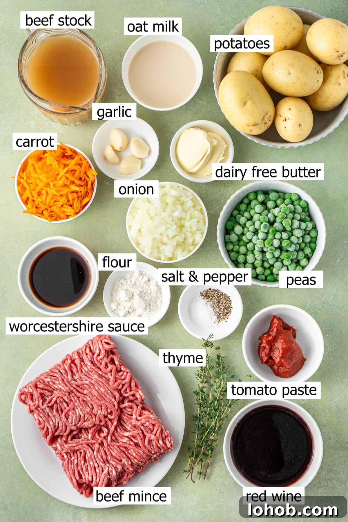 Classic Cottage Pie Recipe with Savory Beef and Mashed Potato Top 3 All ingredients needed to make cottage pie laid out in bowls.