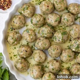 Oven-Baked Turkey Meatballs with Tangy Tomato Sauce 15 Close up of savory meatballs with garlic, butter, olive oil sauce with herbs..