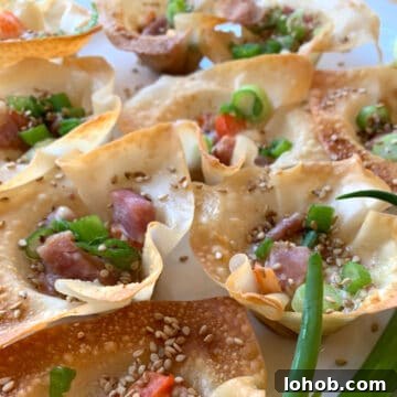 15 Cozy Appetizers for Cold-Weather Entertaining 6 Pork wonton stars arranged on a platter with diced ham and green onions.