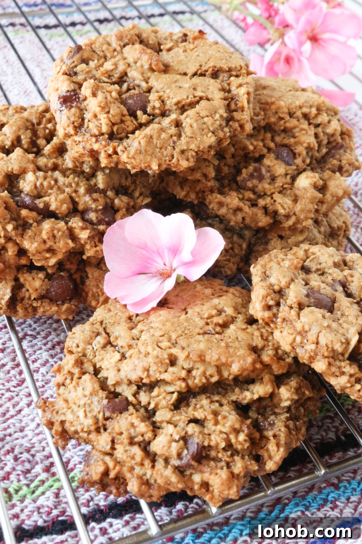 Vegan Oatmeal chocolate chip cookies on a wire rack with a pink flower