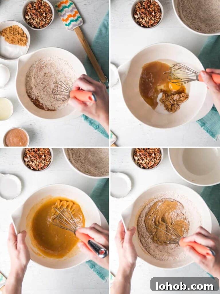 Dairy-Free Gluten-Free Carrot Muffins – Moist, Allergy-Friendly 4 A collage showing the whisking of dry ingredients, whisking of wet ingredients, then combining the two mixtures.