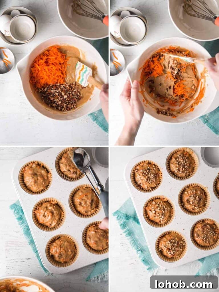 Dairy-Free Gluten-Free Carrot Muffins – Moist, Allergy-Friendly 5 A collage showing the carrots and pecans being stirred into the batter, then the batter scooped into muffin tins.