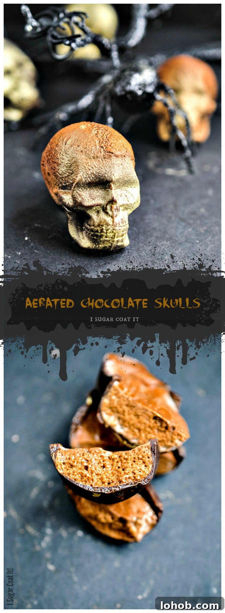 These fully edible Aerated Milk Chocolate Skulls filled with bubbly clouds of espresso milk chocolate make a fun adult halloween treat.