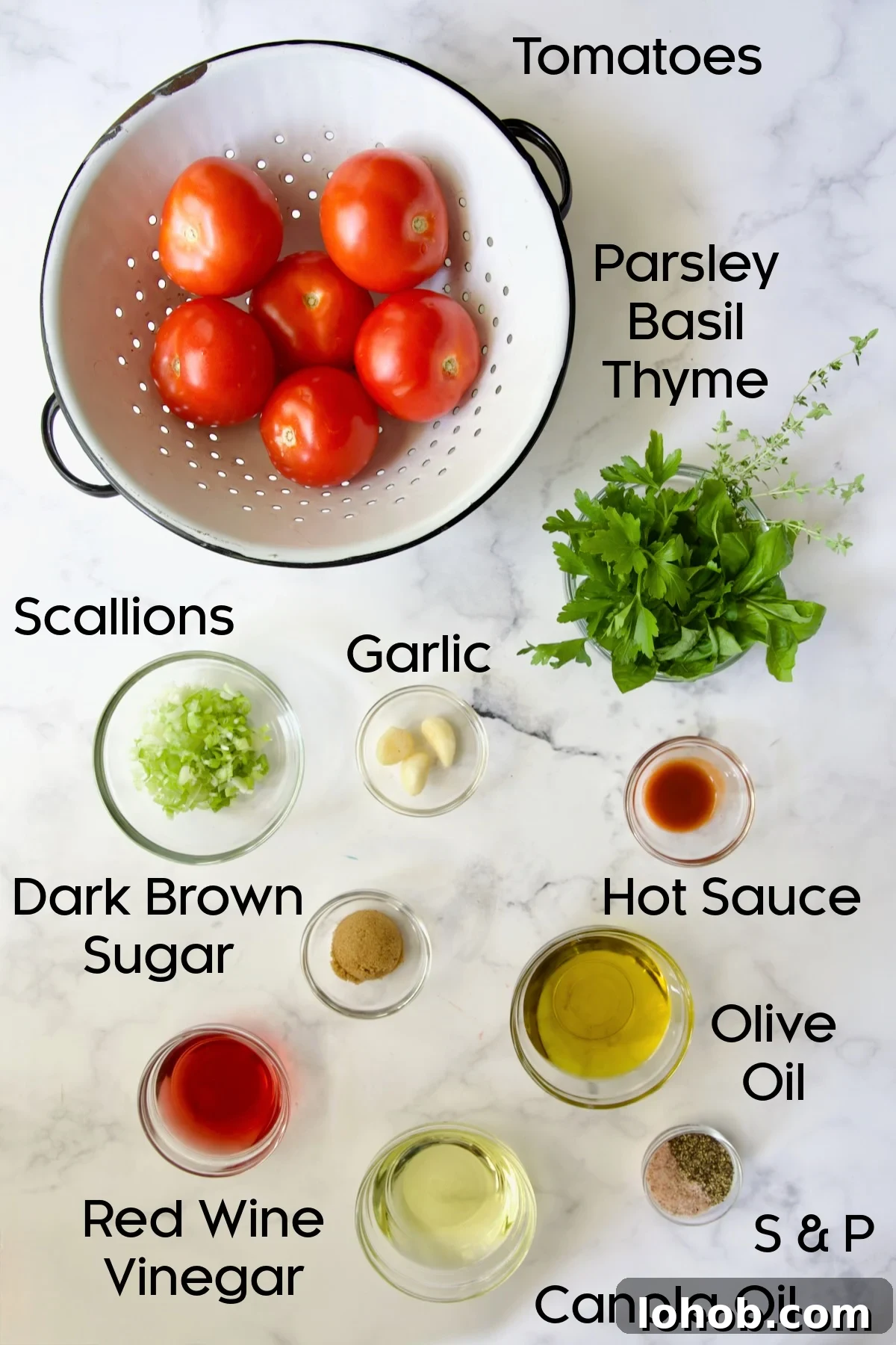 Quick-Pickled Marinated Tomatoes for Fresh Summer Flavor 4 Ingredients for Marinated Tomatoes in glass bowls on marble countertop.