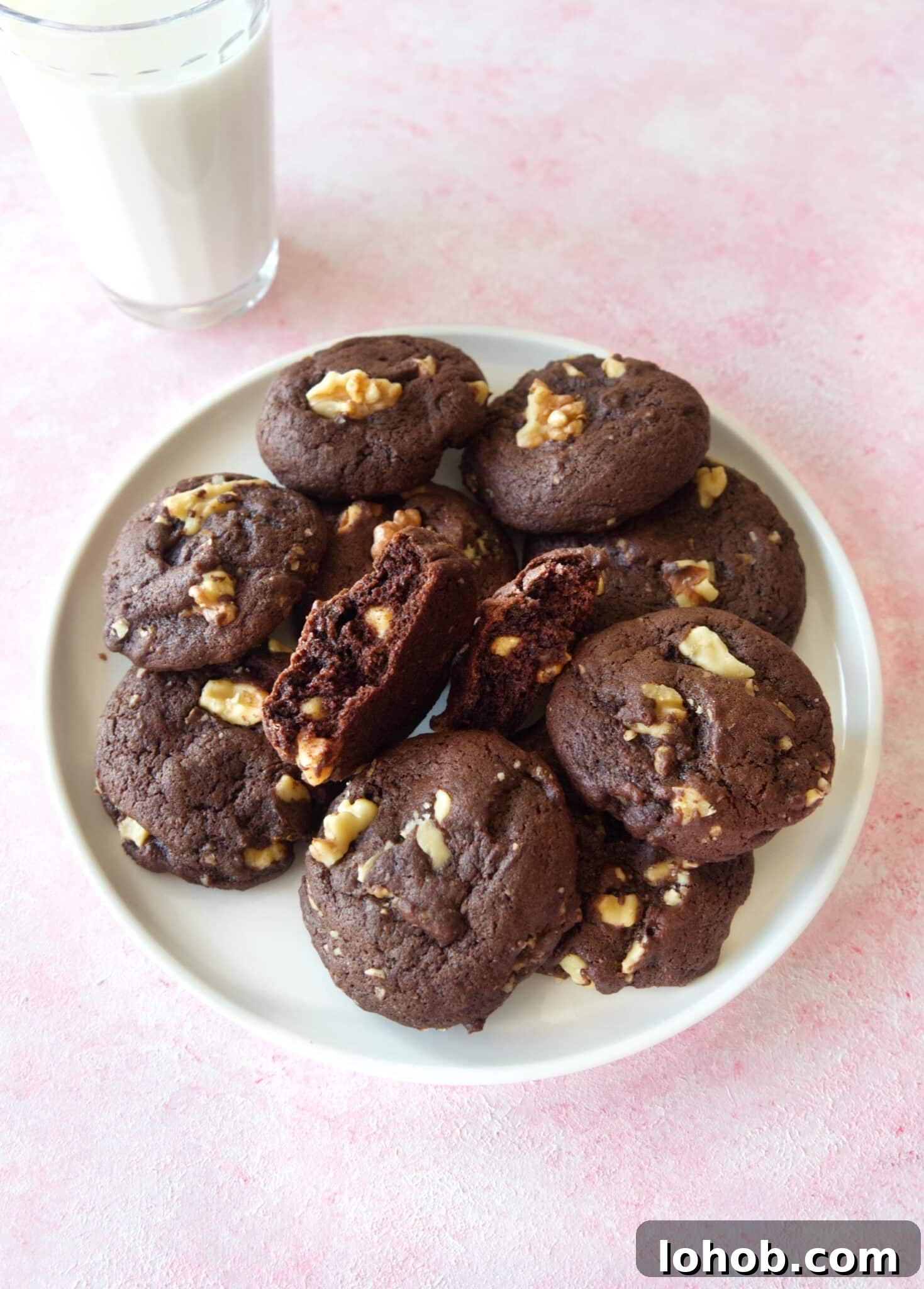 Close up of a plate of Fudgy Chocolate Walnut Cookies
