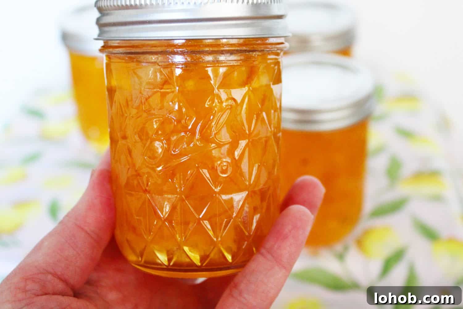 3-Ingredient Lemon Marmalade Recipe Made from Scratch 7 Holding up a jar of Lemon Marmalade.