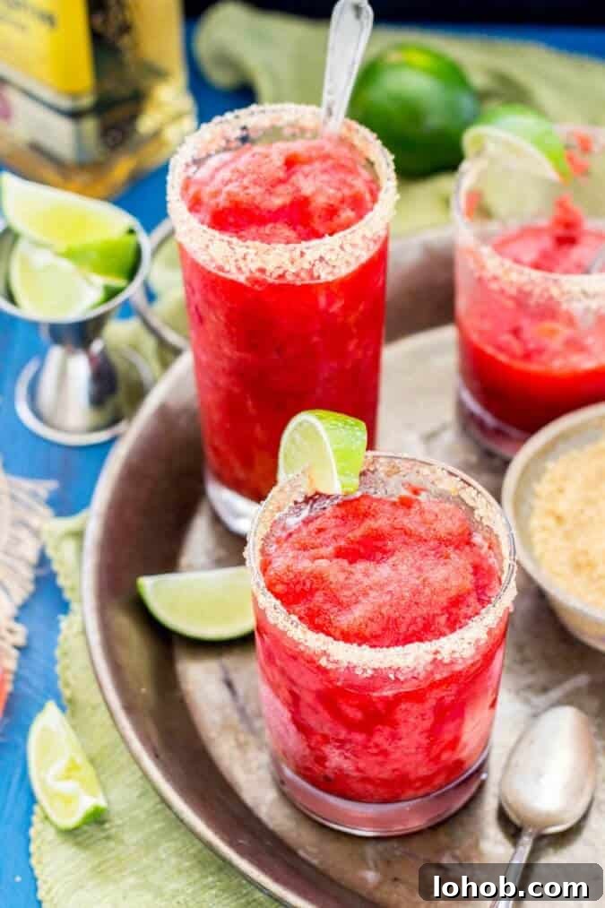 Strawberry margarita granita with a slice of lime, on a silver serving tray