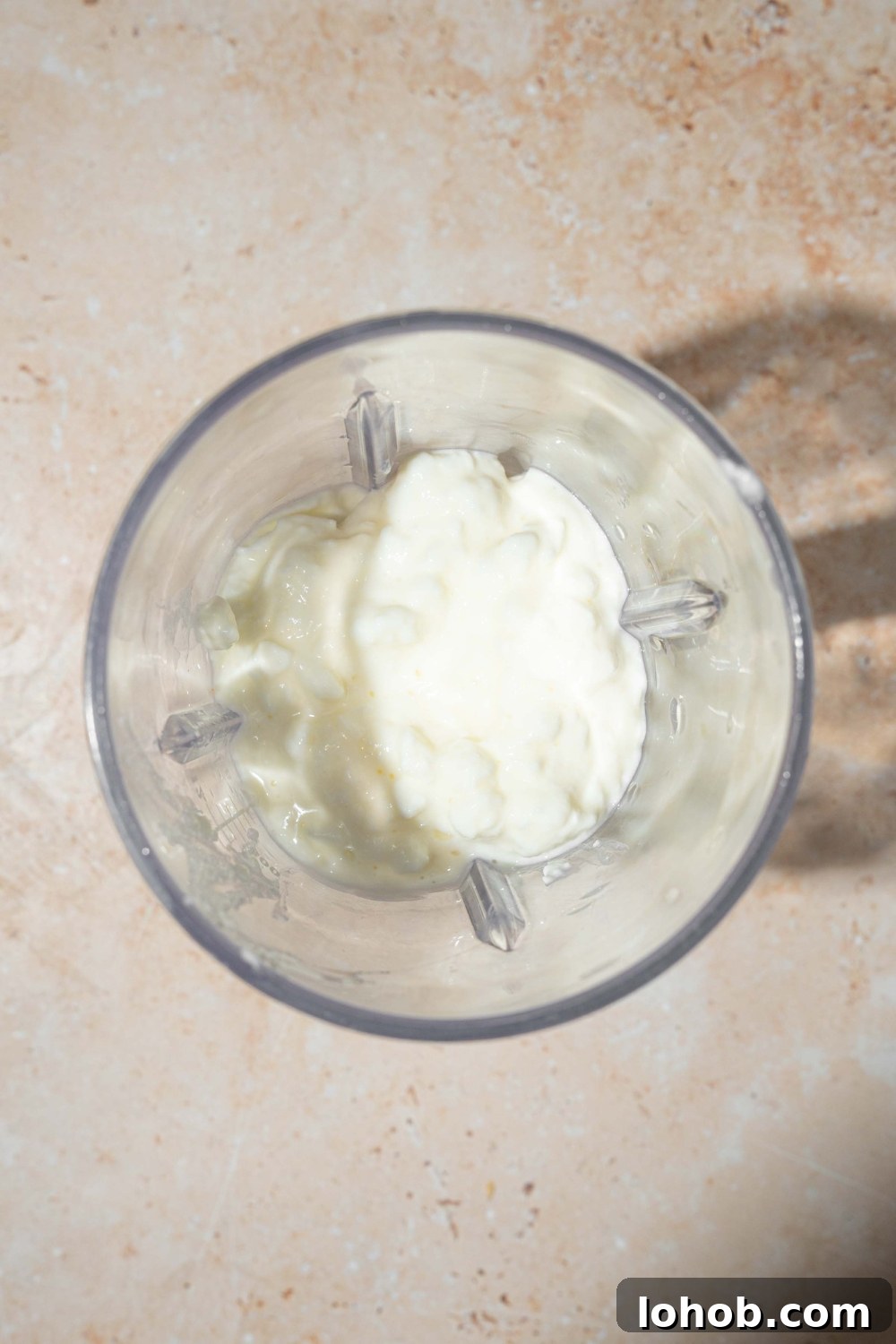 A blender with cottage cheese. The blender is on a tan counter.