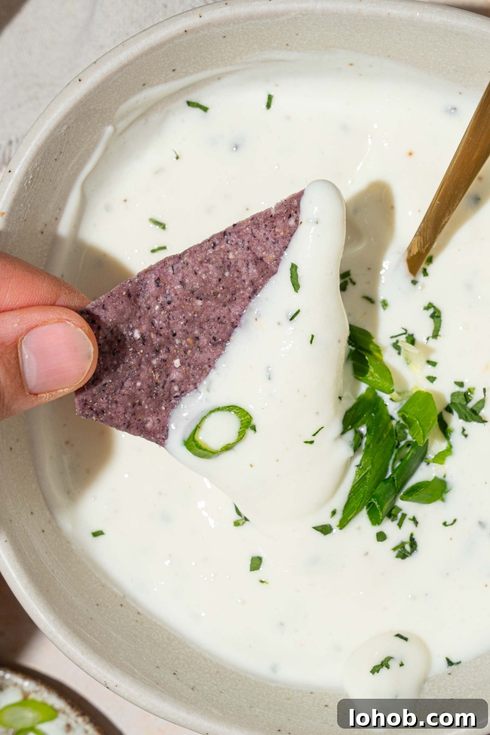 A white bowl with cottage cheese ranch dip garnished with sliced green onion and fresh dill. There is a spoon in the bowl. A hand is dipping a blue corn tortilla chip in the bowl.