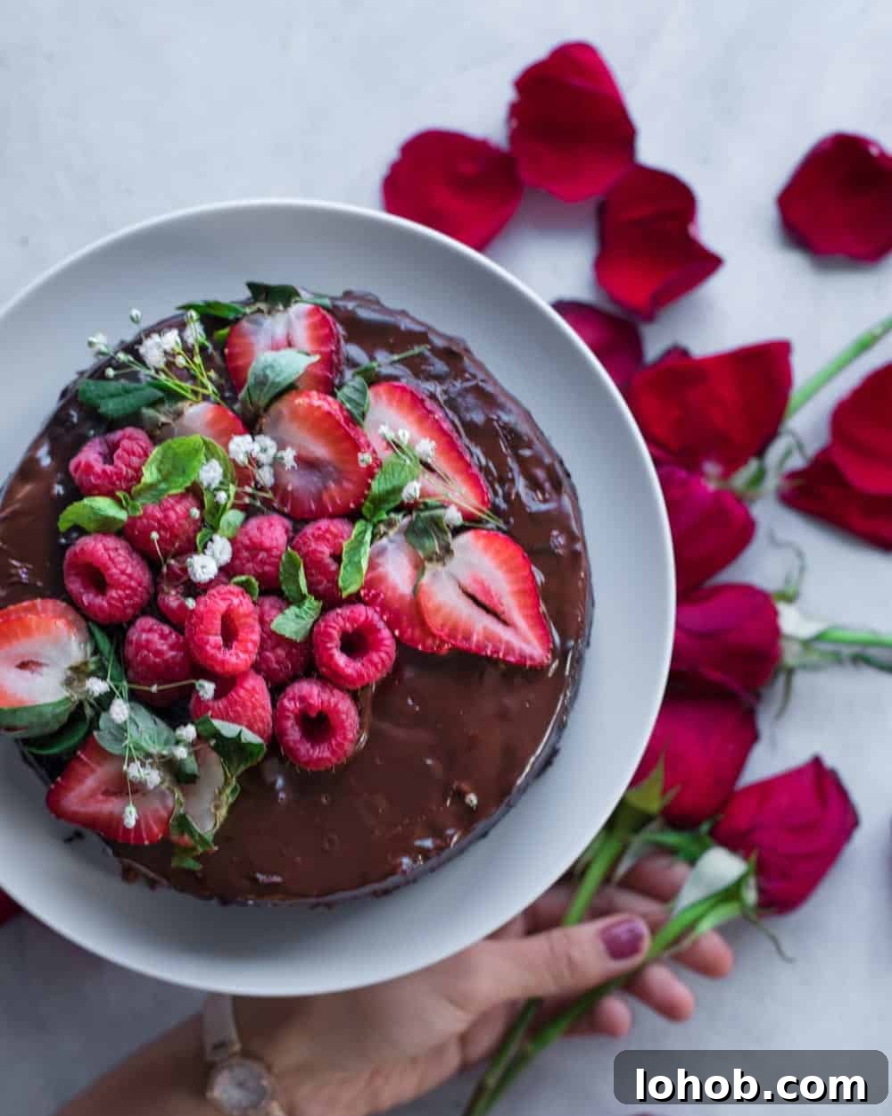 Chocolate Cake with berries on white plate on a white table with rose petals.